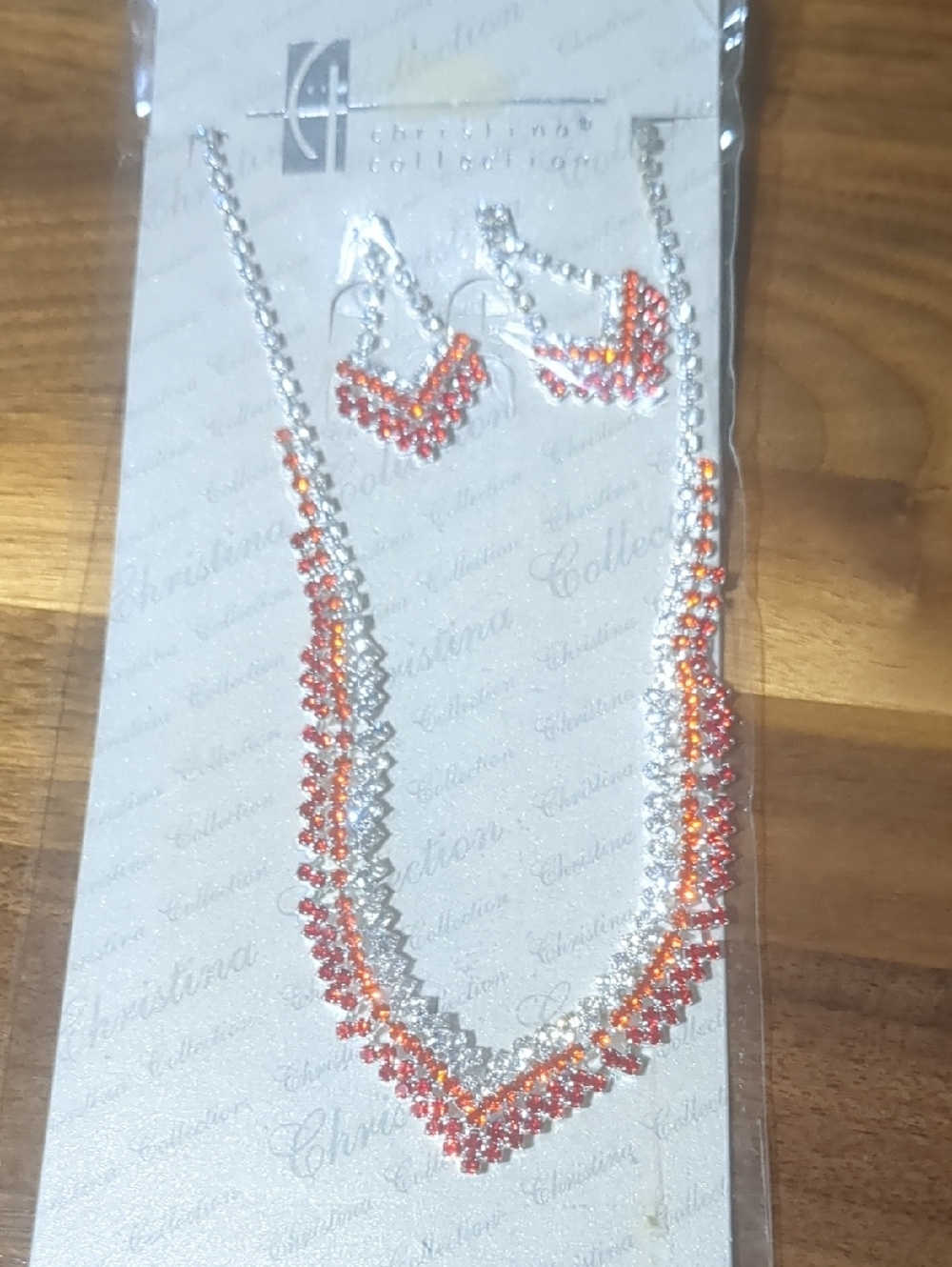 Crystal Accent Orange and Silver V-Shape Necklace & Earring Set